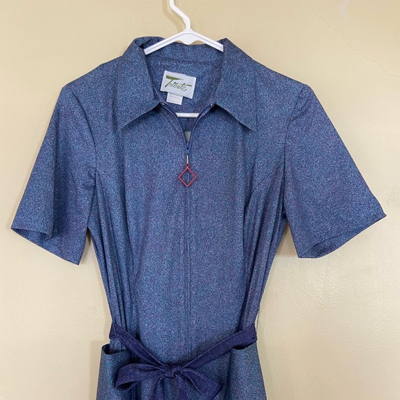 Vintage 70s Retro Blue Dagger Collar Zip Tribute Dress - Picture 4 of 6